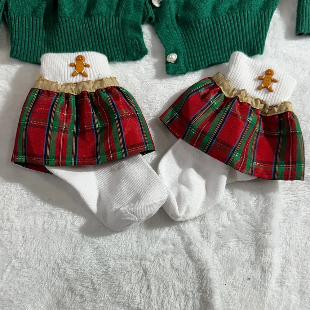 NWOT Plaid ruffle Socks ginger man embellishment & green pearl button cardigan 2